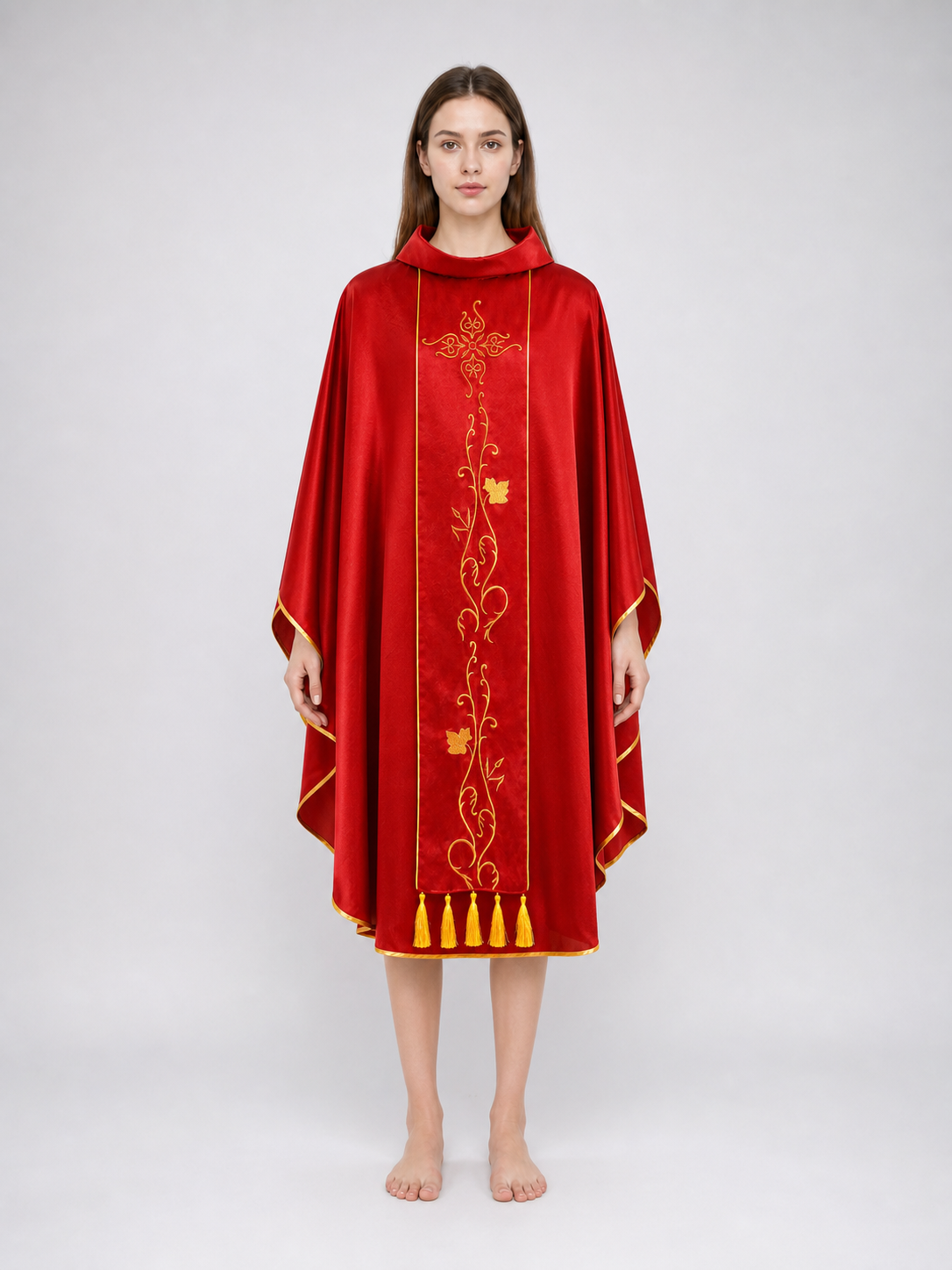 Medieval European Cosplay Vestment, Loose Sleeveless Poncho-Style Robe With Stand Collar, Gold Embroidery, Trim And Fringe For Stage Performance