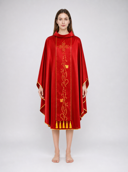 Medieval European Cosplay Vestment, Loose Sleeveless Poncho-Style Robe With Stand Collar, Gold Embroidery, Trim And Fringe For Stage Performance