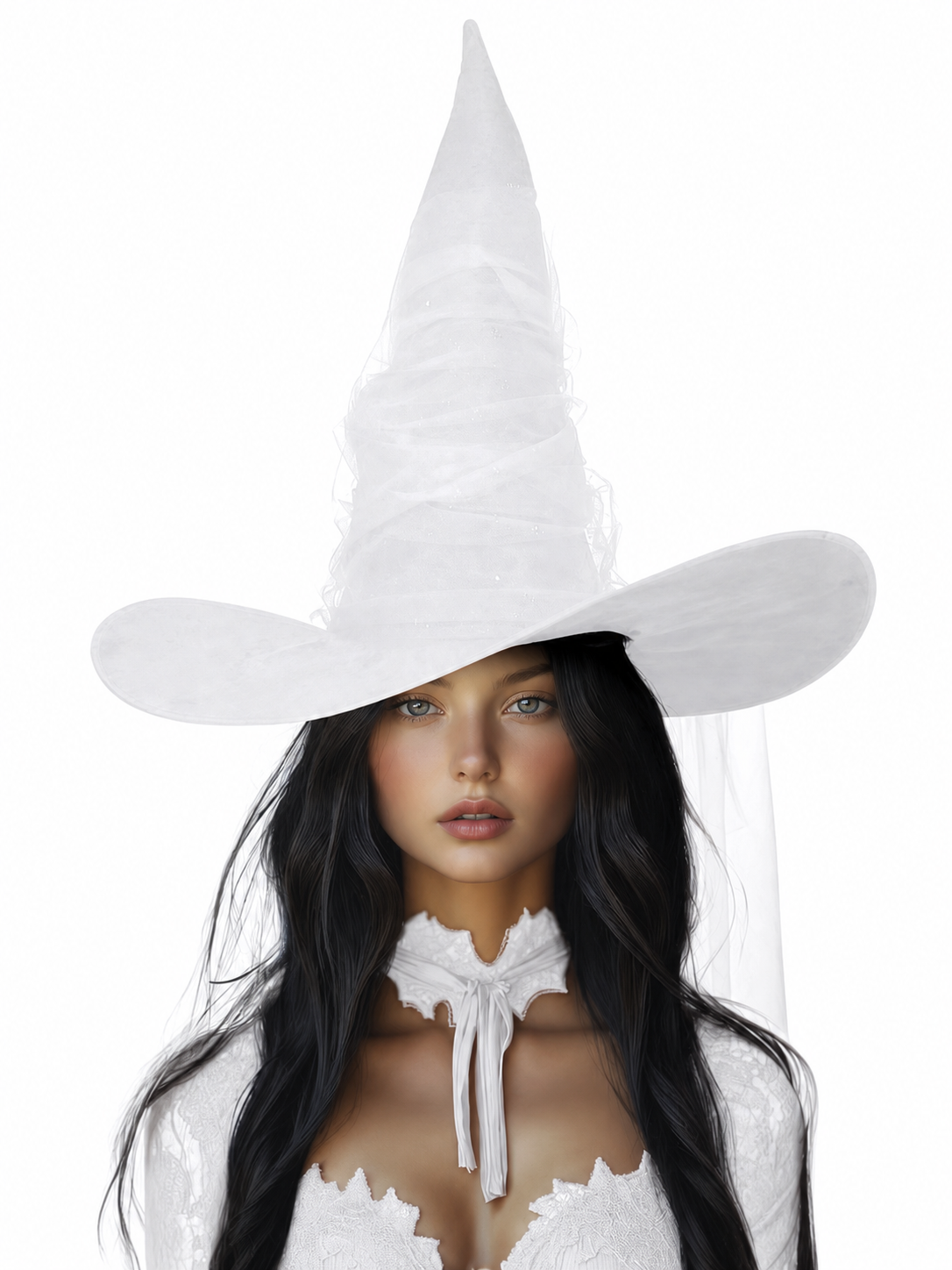White Halloween Witch Hat With Attached Sheer Veil, Tall Curved Pointed Crown And Wide Floppy Brim For Cosplay Costume Party