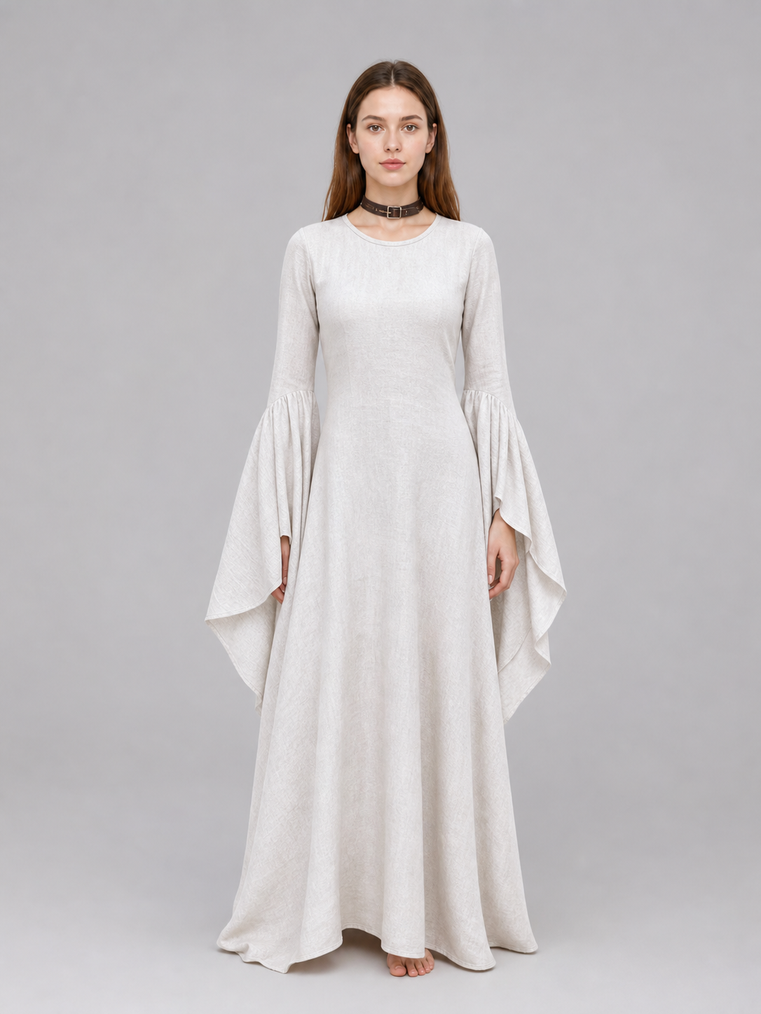 White Long Boho-Style Dress with a Belt and Flared Sleeves