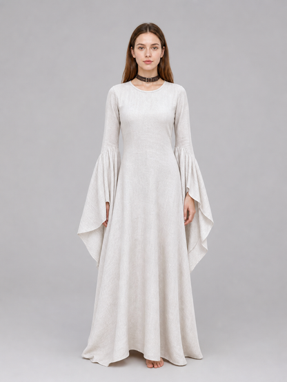 White Long Boho-Style Dress with a Belt and Flared Sleeves