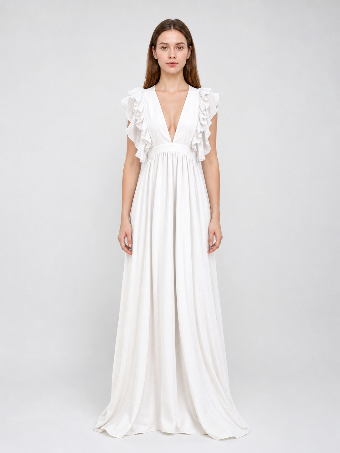 White Floor-Length Dress with a V-Neckline and Ruffled Sleeves