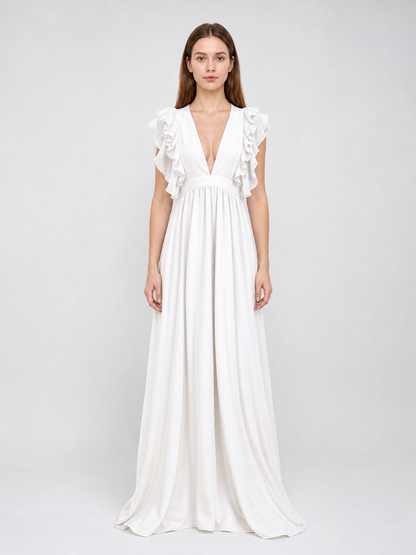 White Floor-Length Dress with a V-Neckline and Ruffled Sleeves