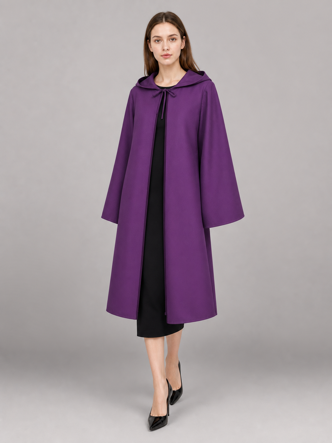 Purple hooded costume cloak with zipper