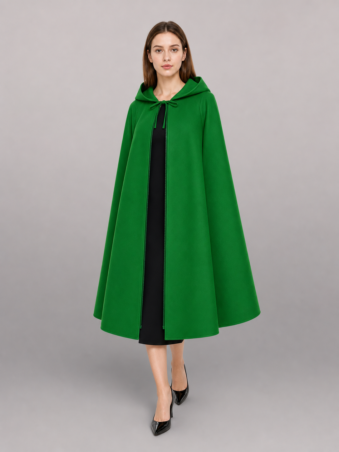 Green carnival cloak with hood, long