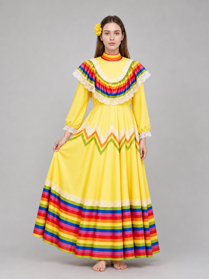 Costume dress with ruffles and rainbow trim