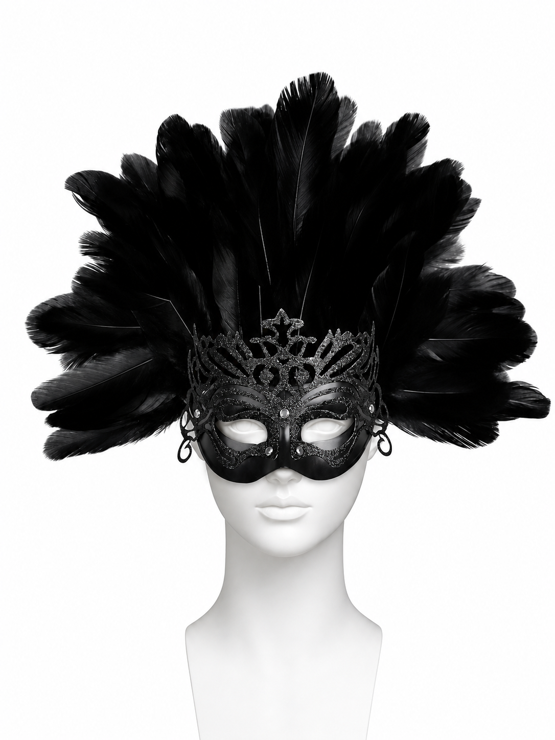 Carnival headpiece with black feathers and a mask