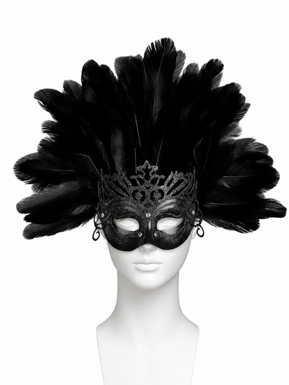 Carnival headpiece with black feathers and a mask