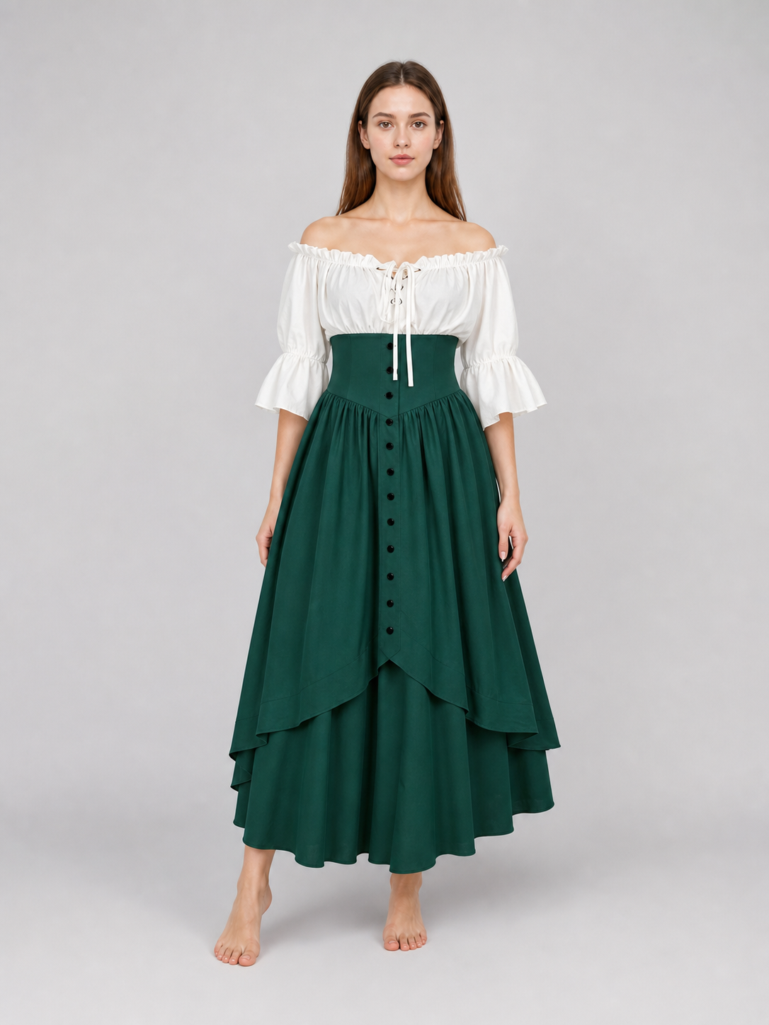 Vintage dress with a full skirt, ruffles, and sleeves