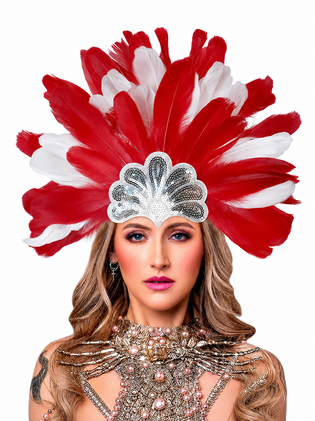 Carnival Headpiece with Red and White Feathers