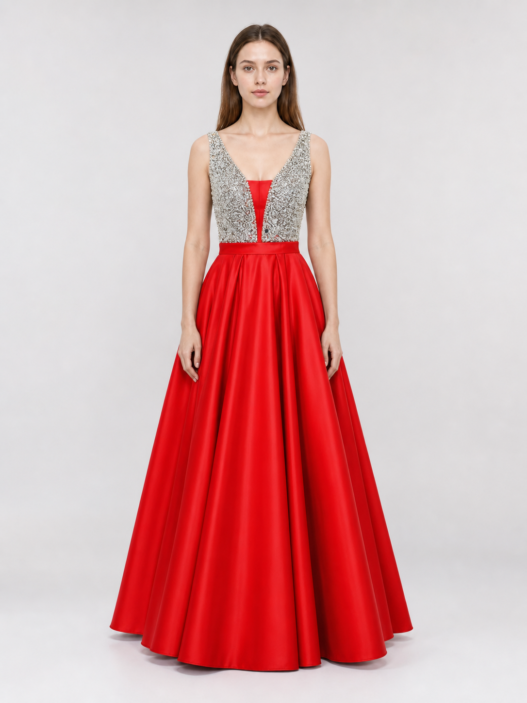 Floor-Length Evening Dress with a Deep V-Neckline