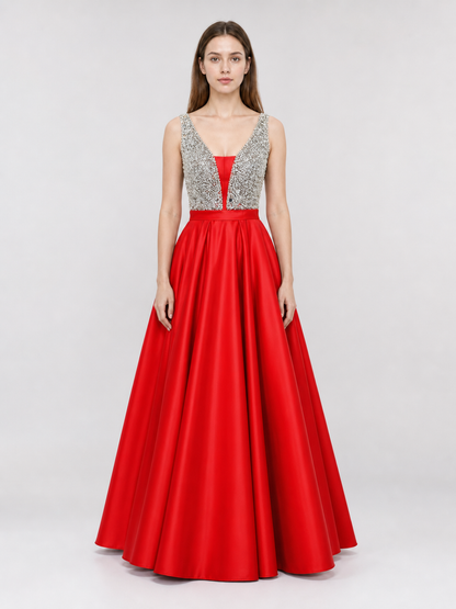 Floor-Length Evening Dress with a Deep V-Neckline