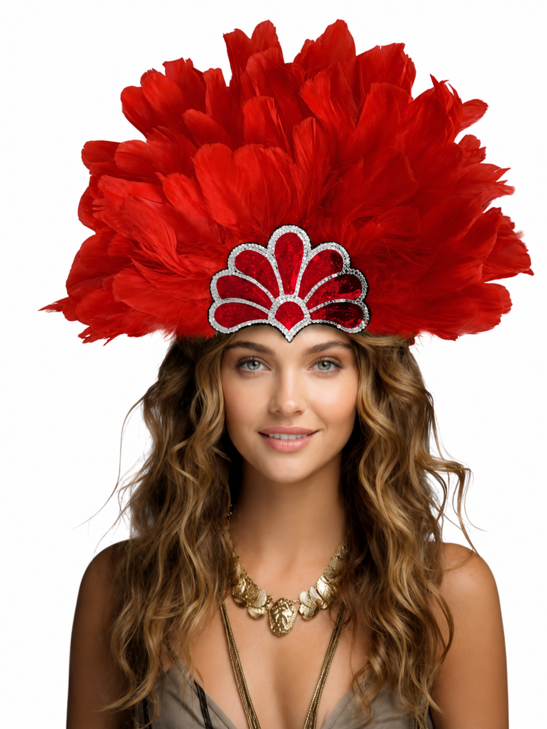 Carnival Headband with Red Feathers and Glitter