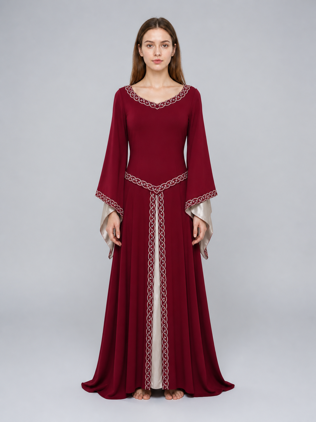 Floor-Length Dress with Long Sleeves and Decorative Trim