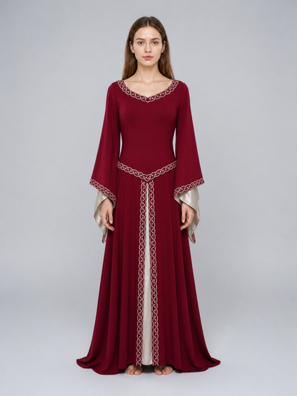 Floor-Length Dress with Long Sleeves and Decorative Trim