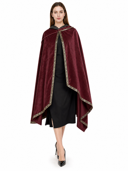 Burgundy velvet-look hooded costume cape product view 17