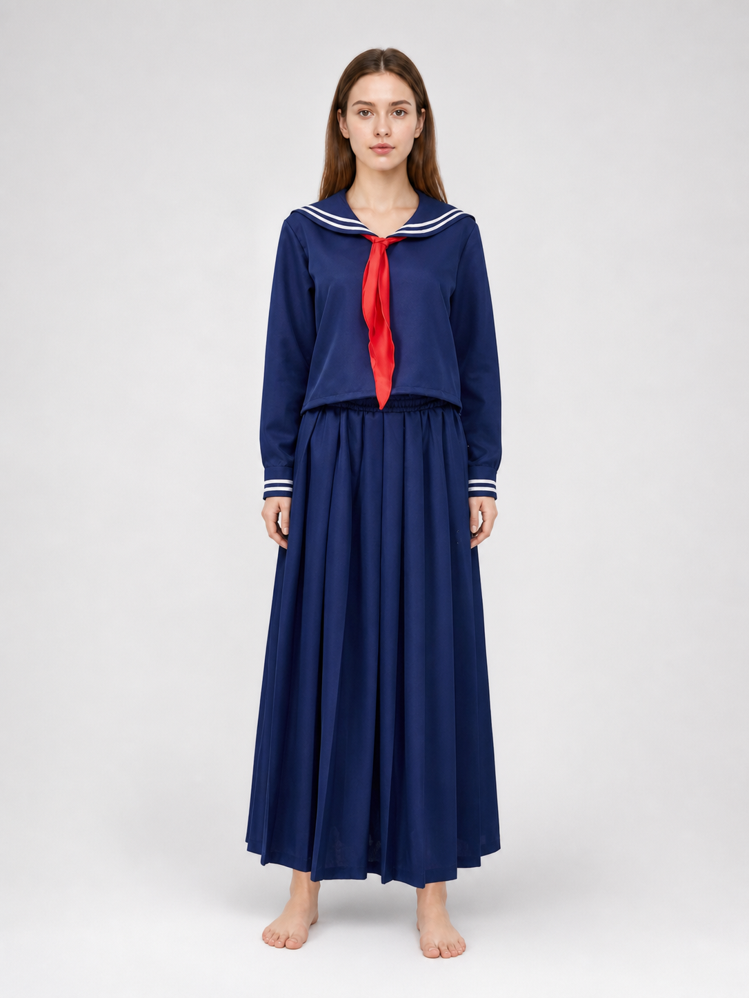 Sailor-style costume with a long pleated skirt