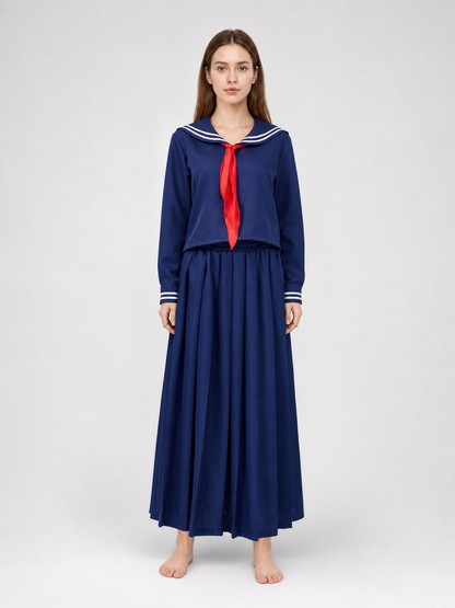Sailor-style costume with a long pleated skirt