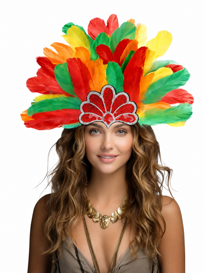 Woman wearing a colorful feather headpiece with red, green, yellow, and orange feathers against a white background