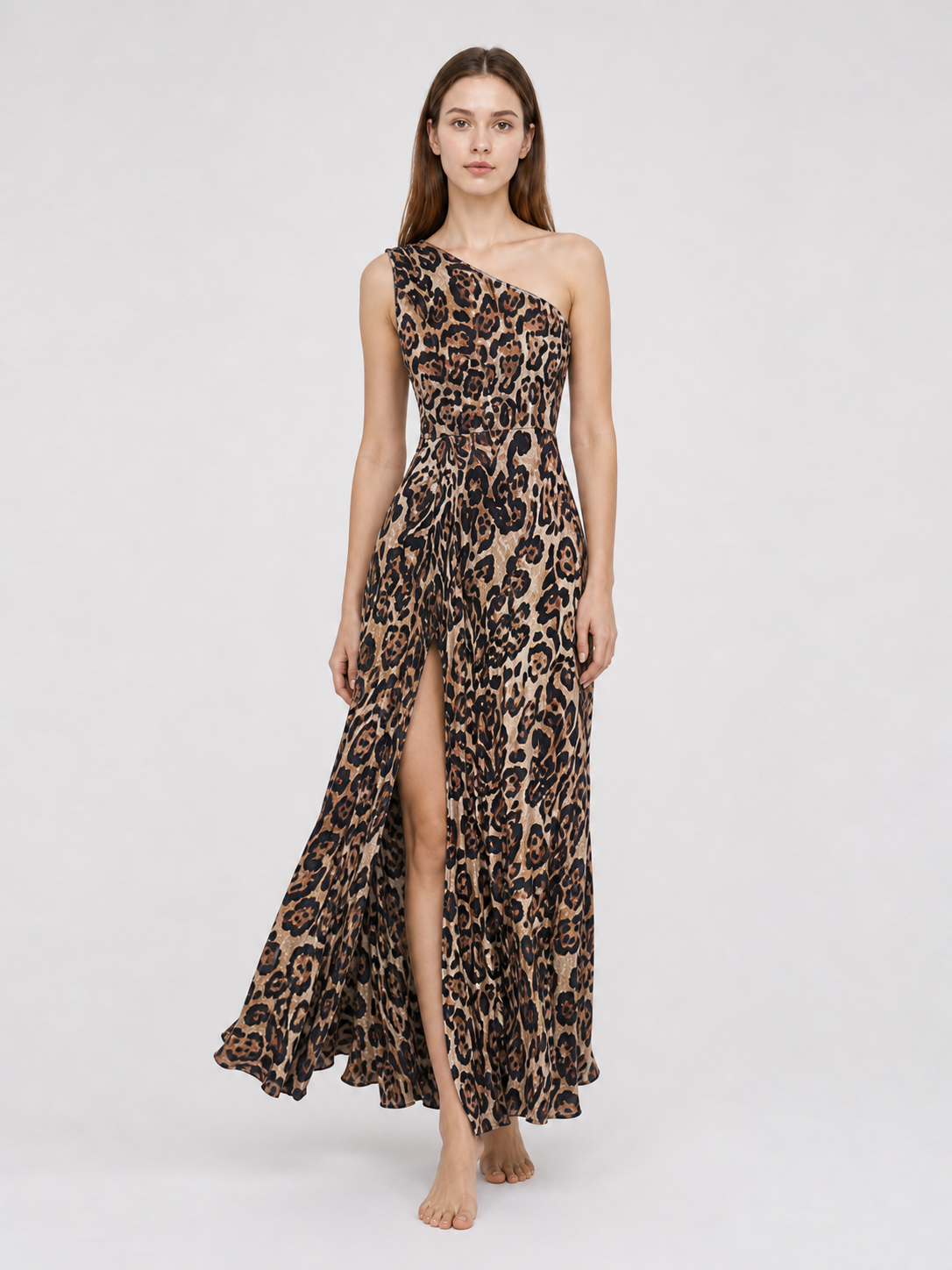 One-Shoulder Leopard Print Maxi Dress