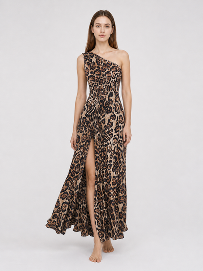 One-Shoulder Leopard Print Maxi Dress