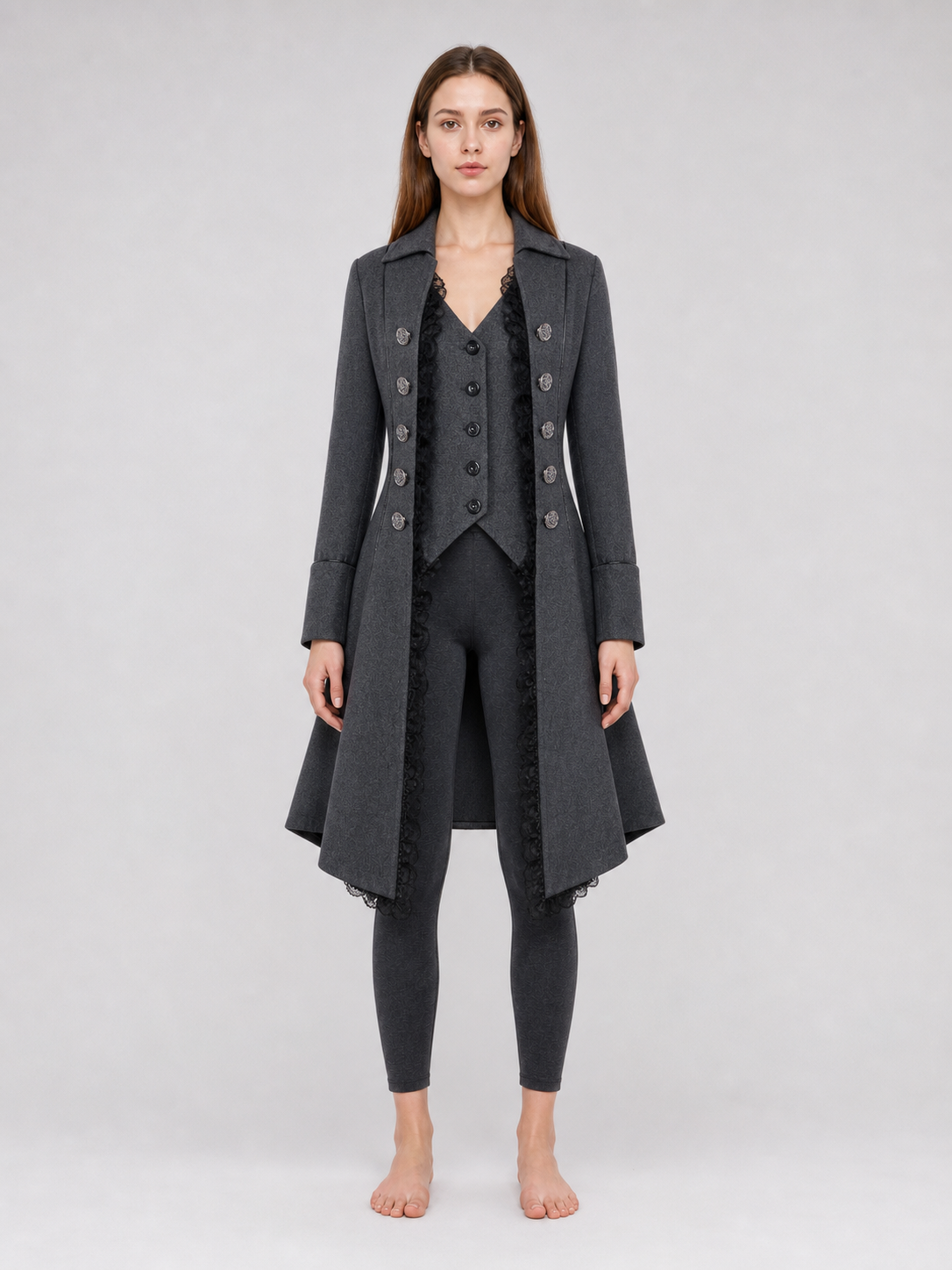Long Gothic-Style Coat with Lace Trim