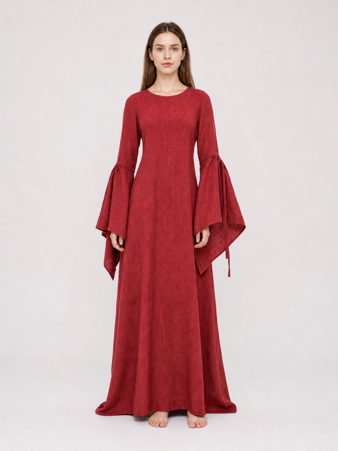 Burgundy Floor-Length Dress with Long Sleeves and Belt