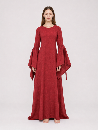 Burgundy Floor-Length Dress with Long Sleeves and Belt