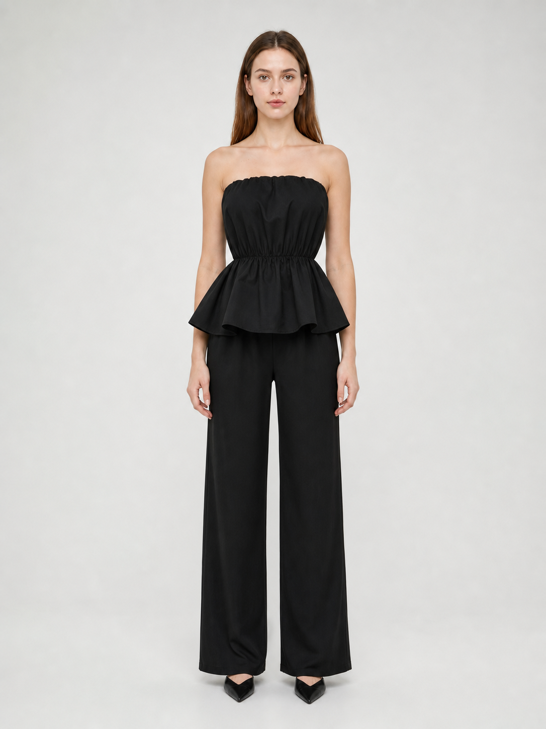 Black bandeau dress with a ruched bodice