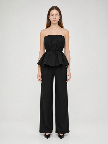Black bandeau dress with a ruched bodice