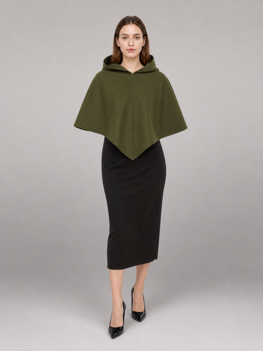 Triangular Hooded Cape, Olive Green