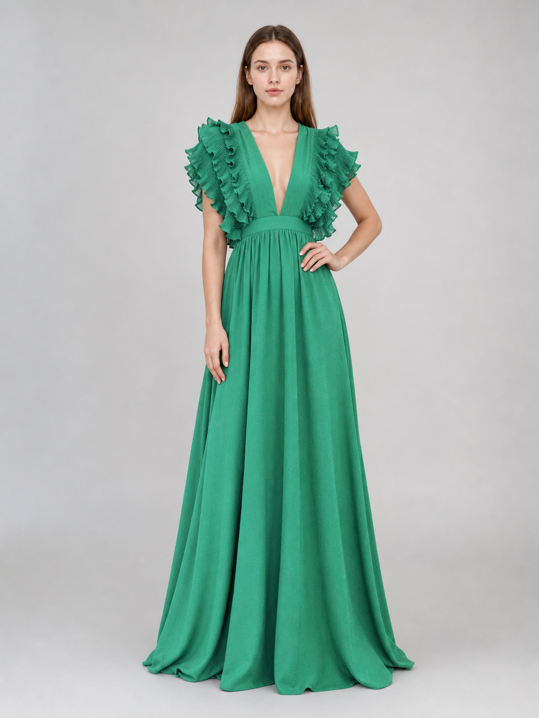 Emerald Green Maxi Dress with a V-Neckline