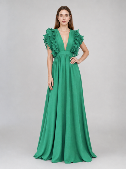 Emerald Green Maxi Dress with a V-Neckline