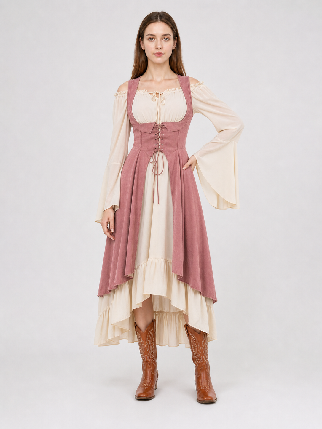 Renaissance-Style Dress with Corset Bodice and Ruffles
