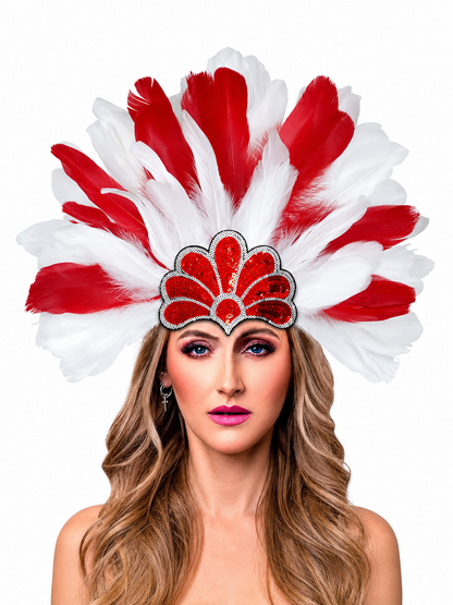 Carnival headpiece with red and white feathers