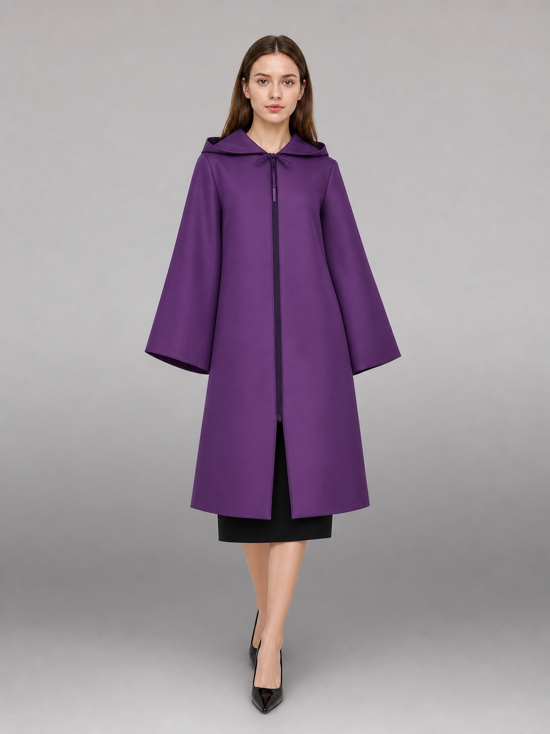 Purple hooded costume cloak with zipper