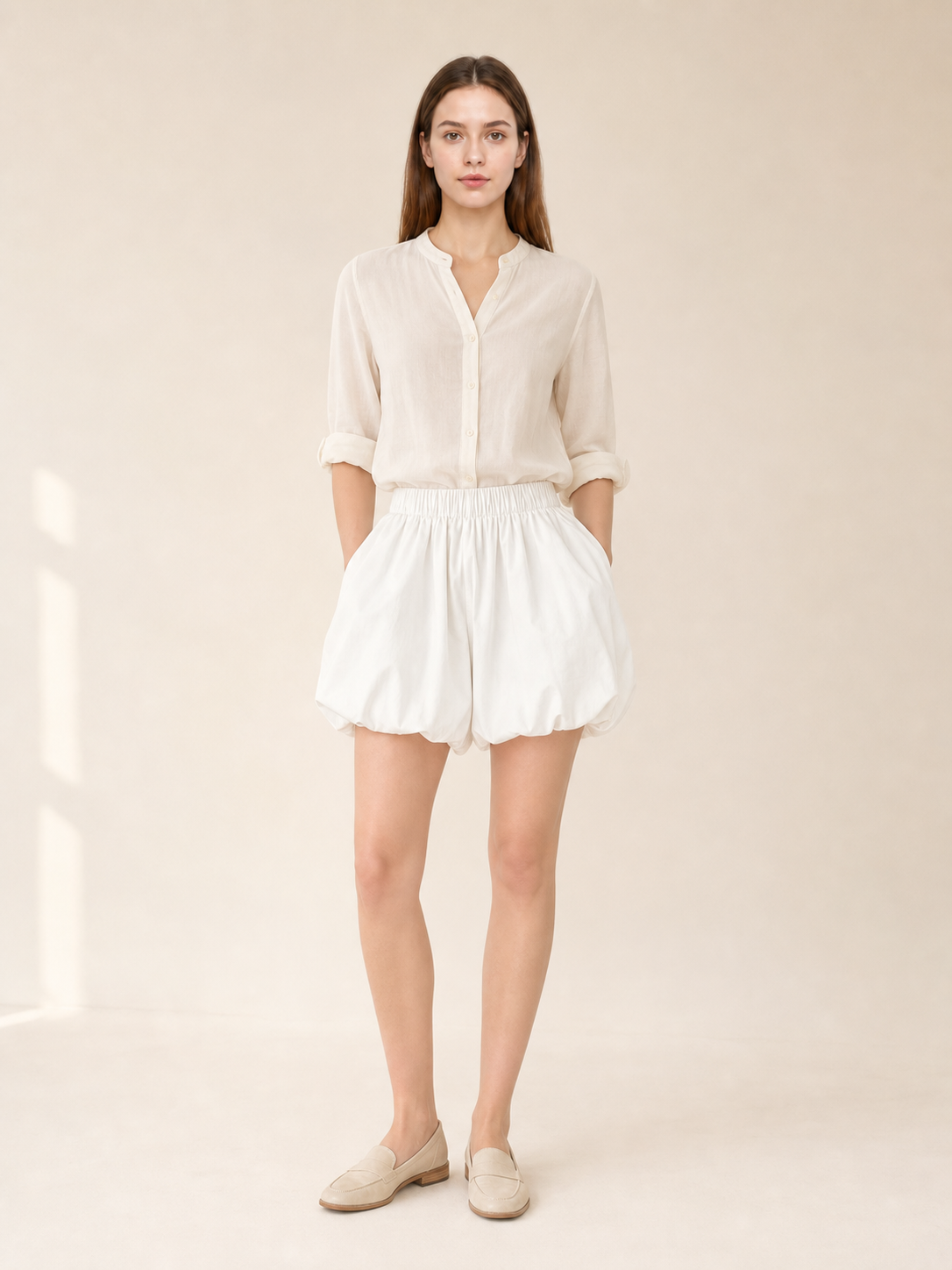 Women's White Balloon Shorts with Elastic Waistband