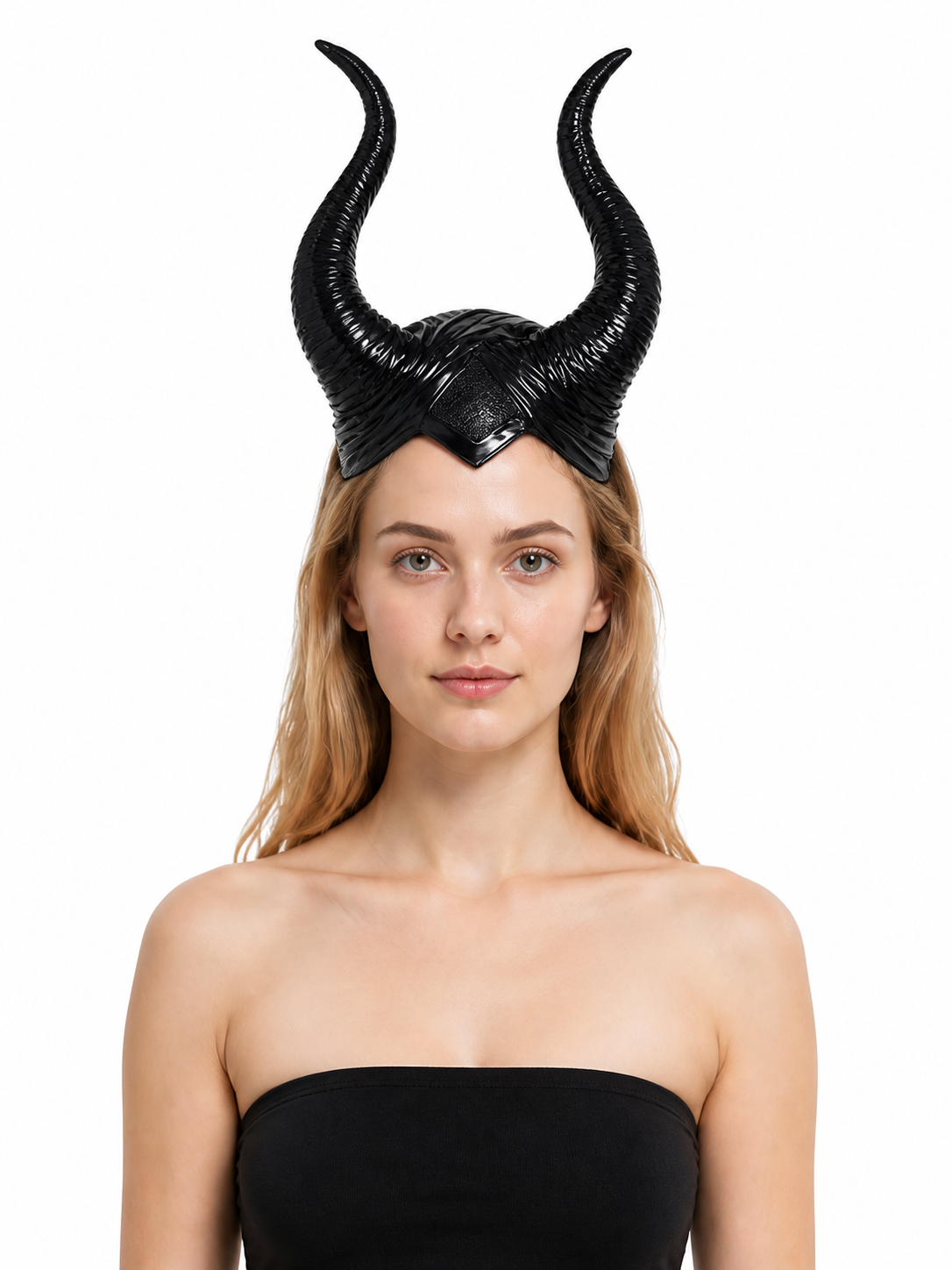 1pc Black Horn Headpiece with Striped Texture, Symmetrical Curved Horns main product view 2