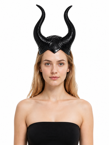 1pc Black Horn Headpiece with Striped Texture, Symmetrical Curved Horns main product view 2