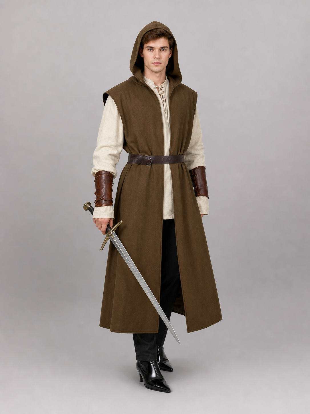 Brown hooded vest with a dark belt on a full-body male model wearing a cream shirt and holding a sword