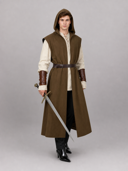 Brown hooded vest with a dark belt on a full-body male model wearing a cream shirt and holding a sword