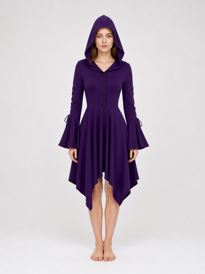 Gothic Hooded Dress with Flare and Asymmetry