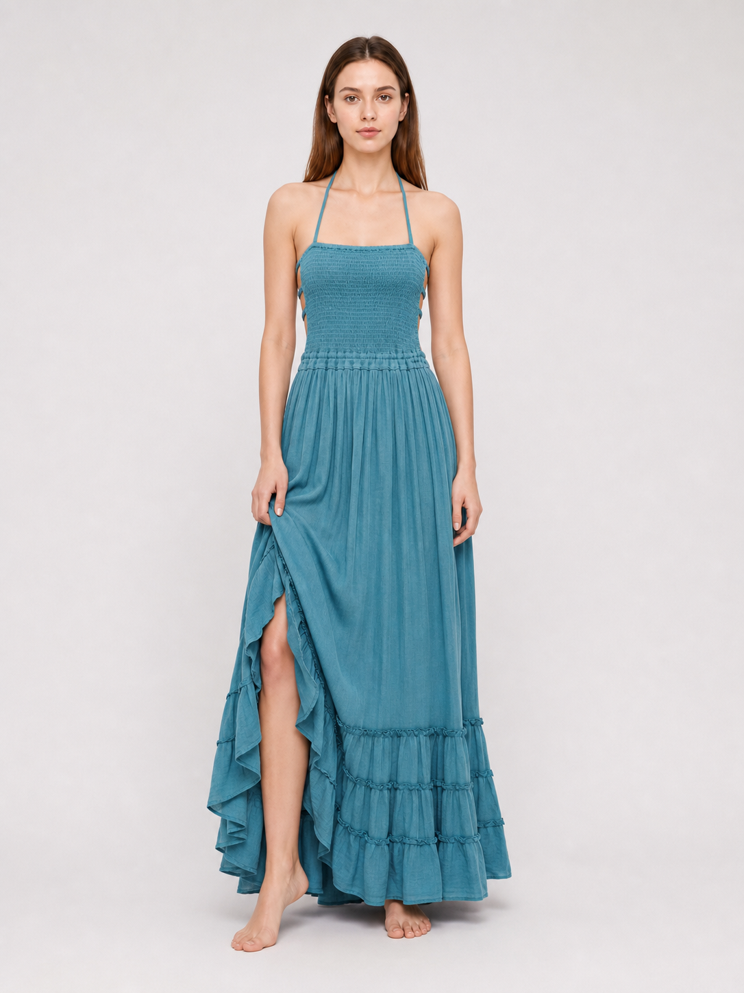 Boho Maxi Dress with Open Back and Tiered Ruffles