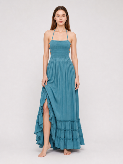 Boho Maxi Dress with Open Back and Tiered Ruffles