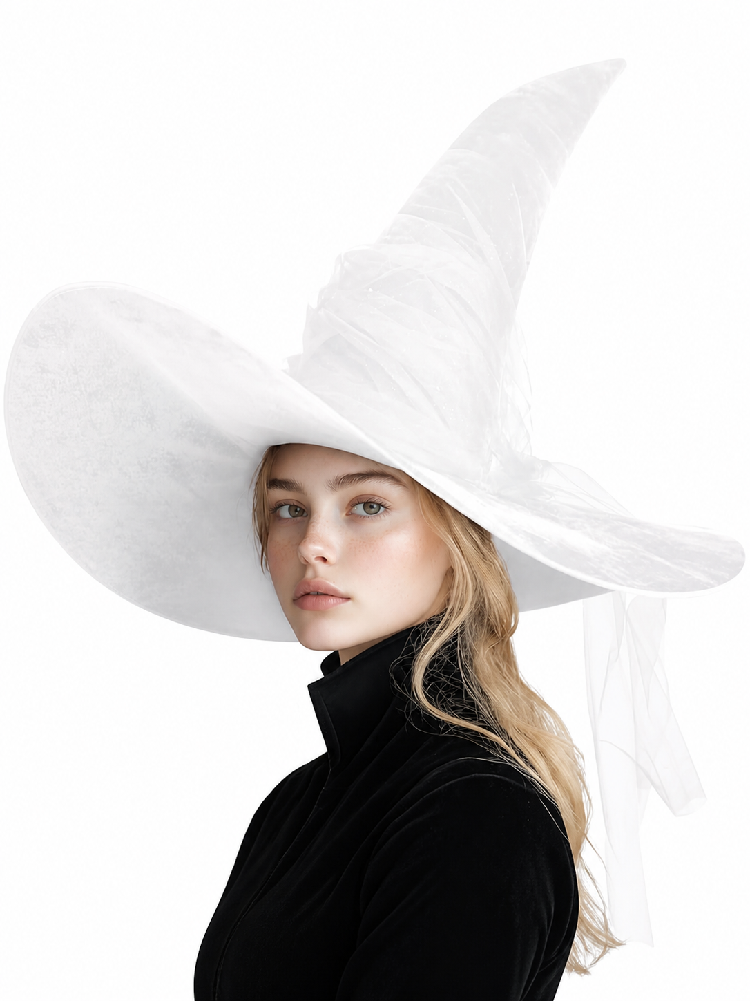 White Halloween Witch Hat With Wide Floppy Brim, Sheer Layered Fabric, Curved Pointed Crown And Trailing Veil For Cosplay Costume Party
