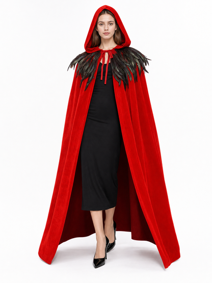 Red hooded feather-trimmed cape product view 17