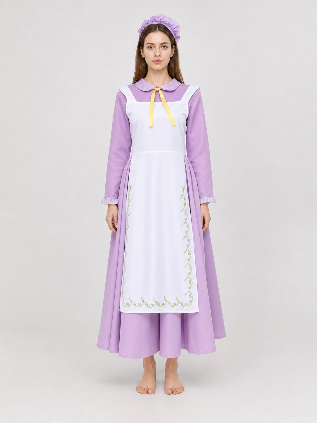 Purple dress costume with apron and bonnet