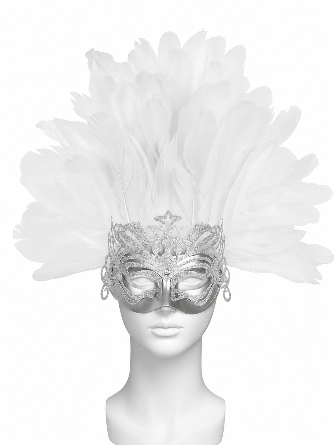White mannequin wearing a silver eye mask topped with a large fan of white feathers
