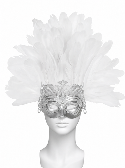 White mannequin wearing a silver eye mask topped with a large fan of white feathers