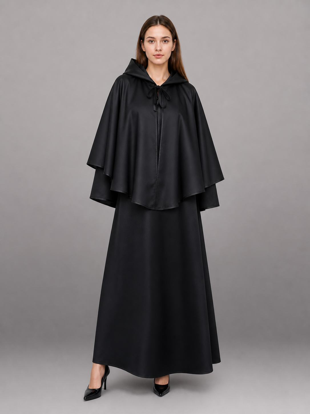 Black Hooded Costume Cloak with Zipper